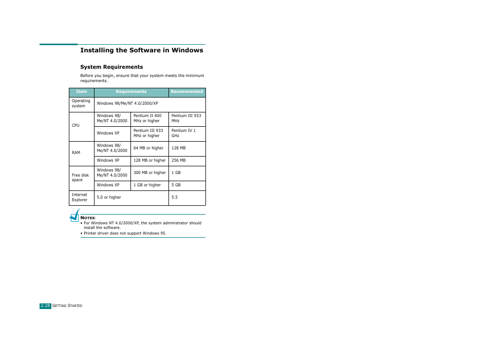 Installing the software in windows, System requirements | Ricoh Aficio FX200 User Manual | Page 53 / 278