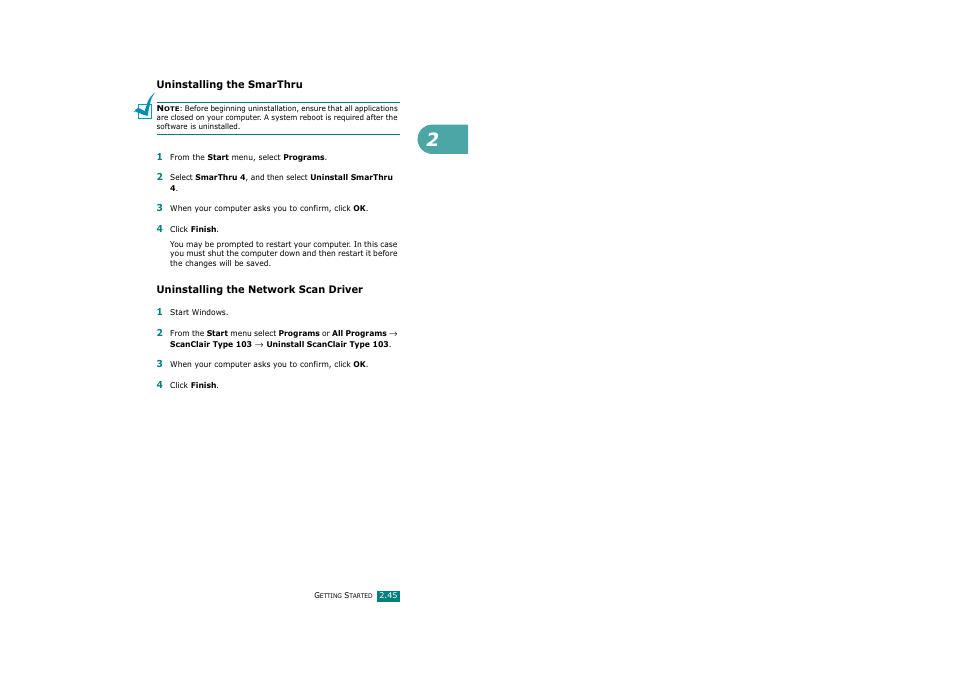 Uninstalling the smarthru, Uninstalling the network scan driver | Ricoh Aficio FX200 User Manual | Page 70 / 278
