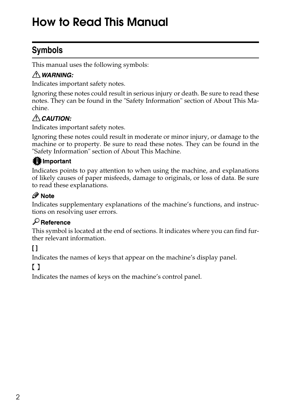 How to read this manual, Symbols | Ricoh Type W3600 User Manual | Page 10 / 166