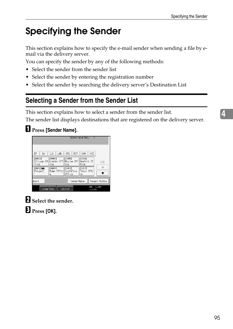 Specifying the sender, Selecting a sender from the sender list, P.95 “specifying the sender | 4specifying the sender | Ricoh Type W3600 User Manual | Page 103 / 166