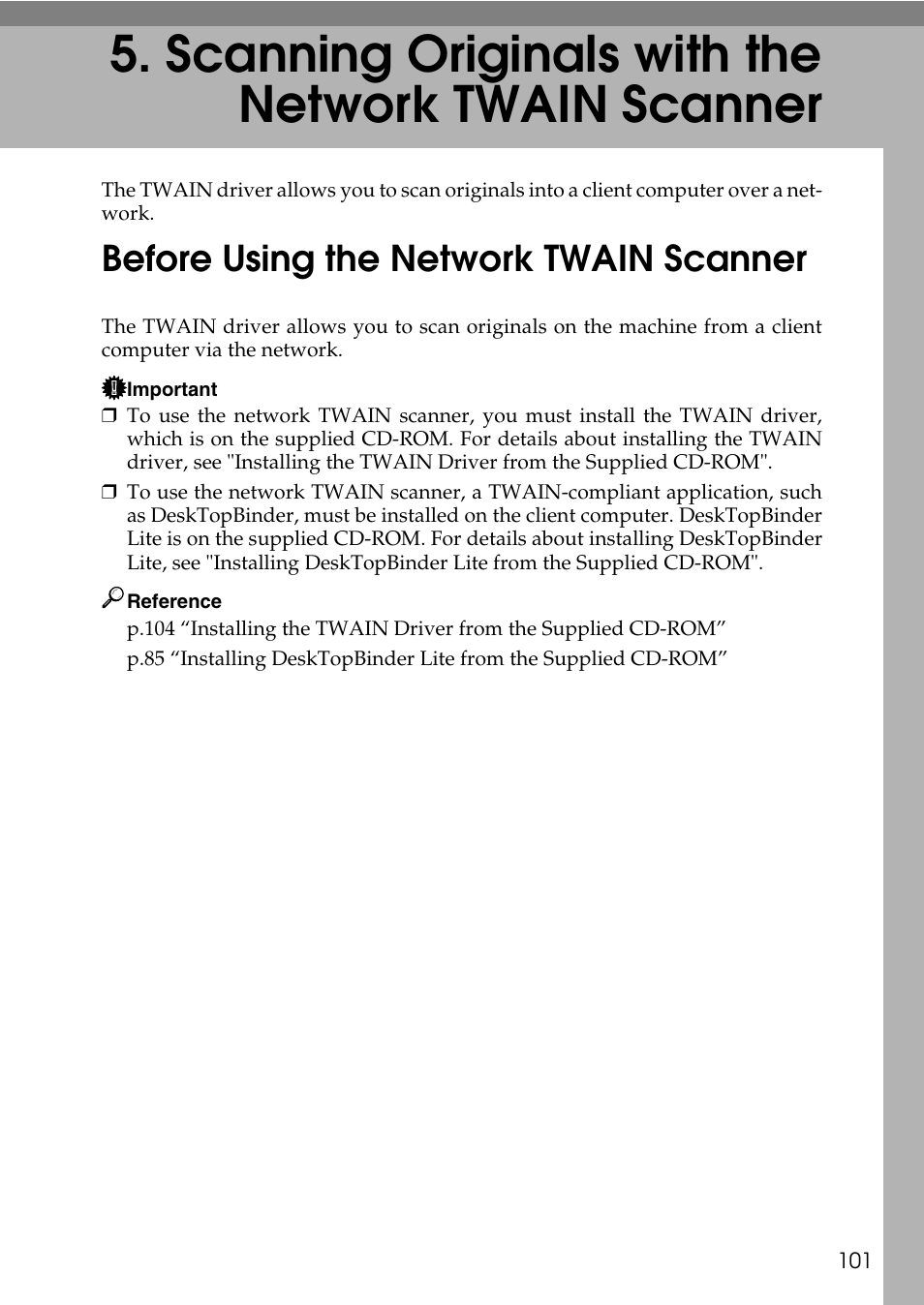 Before using the network twain scanner, Scanning originals with the network twain scanner | Ricoh Type W3600 User Manual | Page 109 / 166