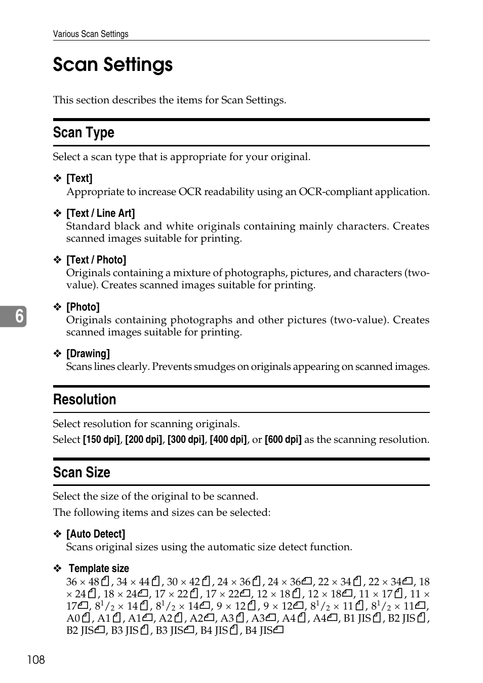 Scan settings, Scan type, Resolution | Scan size, Scan type resolution scan size, 6scan settings | Ricoh Type W3600 User Manual | Page 116 / 166