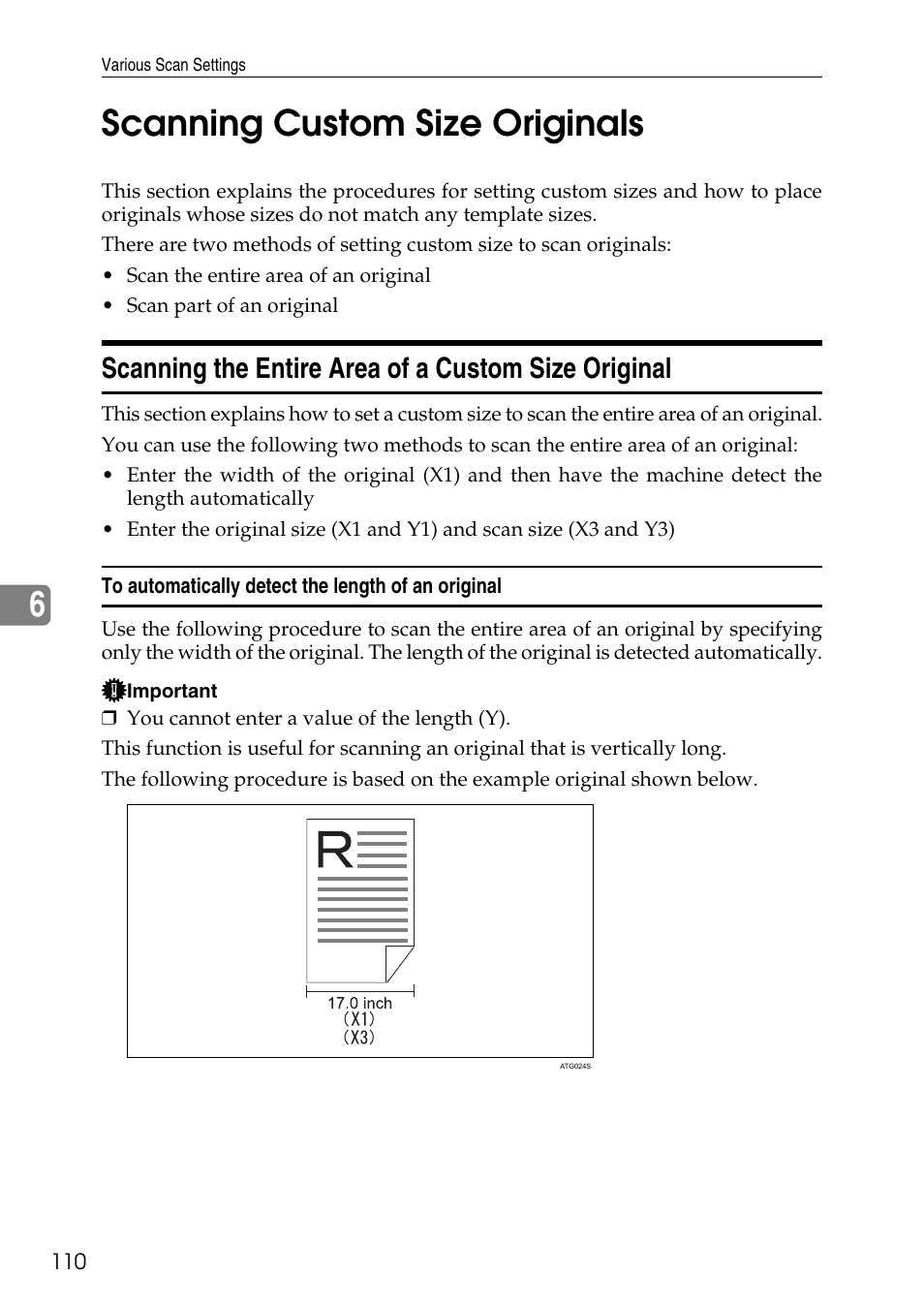 Scanning custom size originals, Scanning the entire area of a custom size original, To automatically detect the length of an original | 6scanning custom size originals | Ricoh Type W3600 User Manual | Page 118 / 166