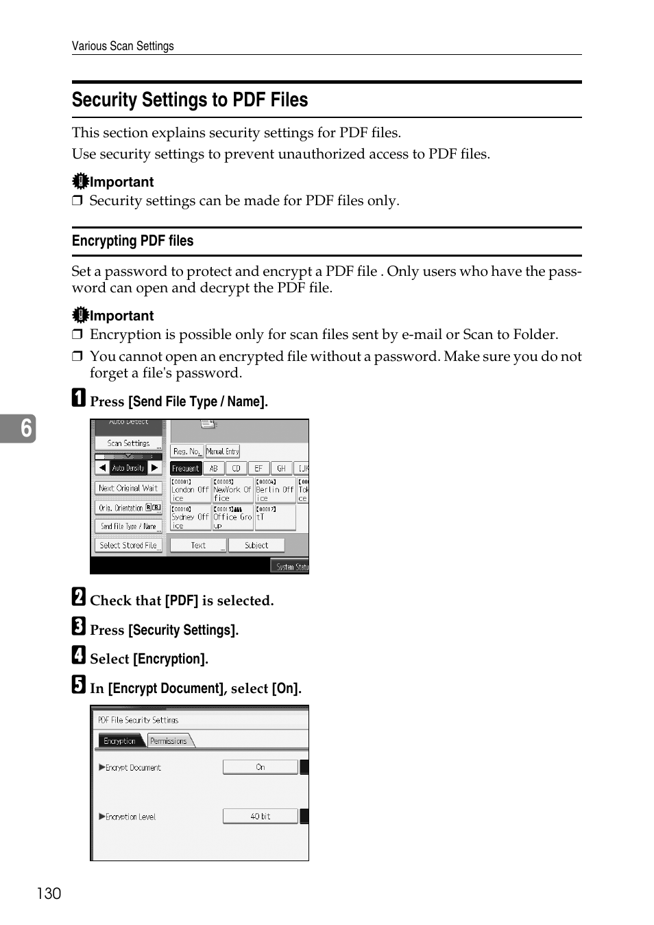 Security settings to pdf files, Encrypting pdf files | Ricoh Type W3600 User Manual | Page 138 / 166