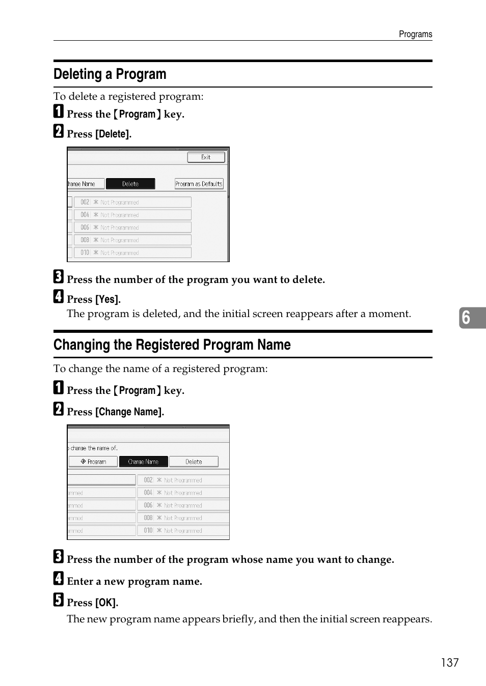 Deleting a program, Changing the registered program name | Ricoh Type W3600 User Manual | Page 145 / 166