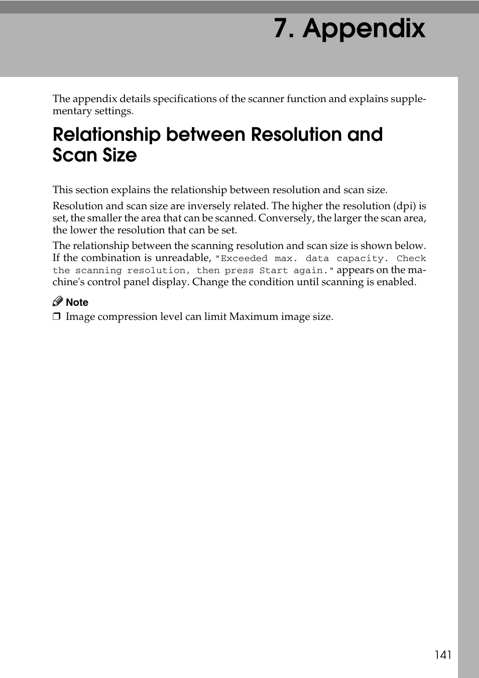  appendix, Relationship between resolution and scan size, Appendix | Ricoh Type W3600 User Manual | Page 149 / 166