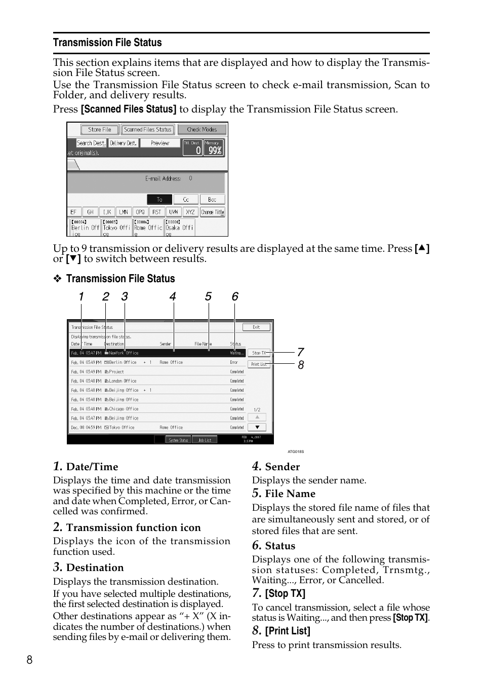 Transmission file status | Ricoh Type W3600 User Manual | Page 16 / 166
