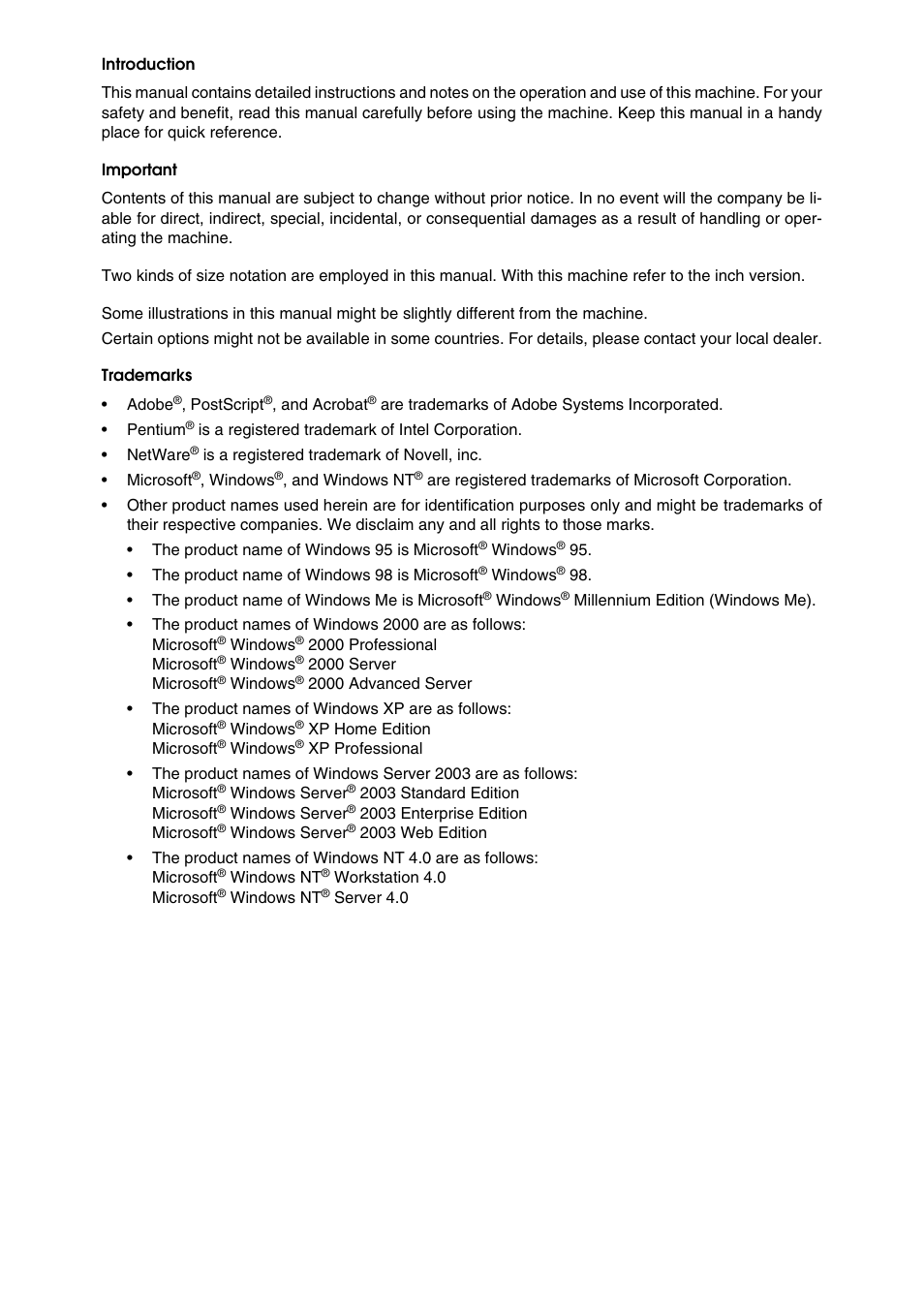 Introduction, Important, Trademarks | Ricoh Type W3600 User Manual | Page 2 / 166