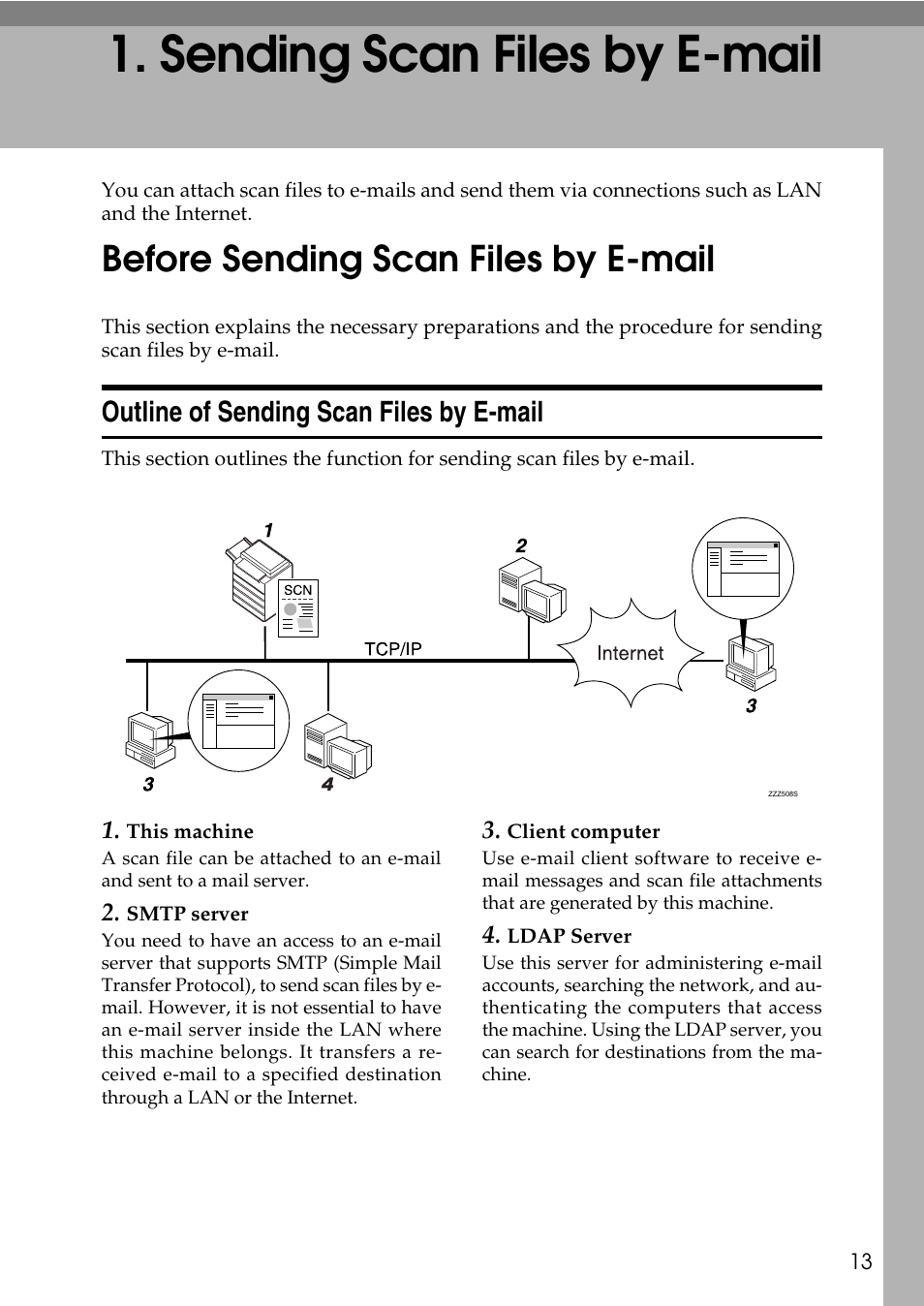  sending scan files by e-mail, Before sending scan files by e-mail, Outline of sending scan files by e-mail | Sending scan files by e-mail, P.13 “sending scan files by e-mail | Ricoh Type W3600 User Manual | Page 21 / 166