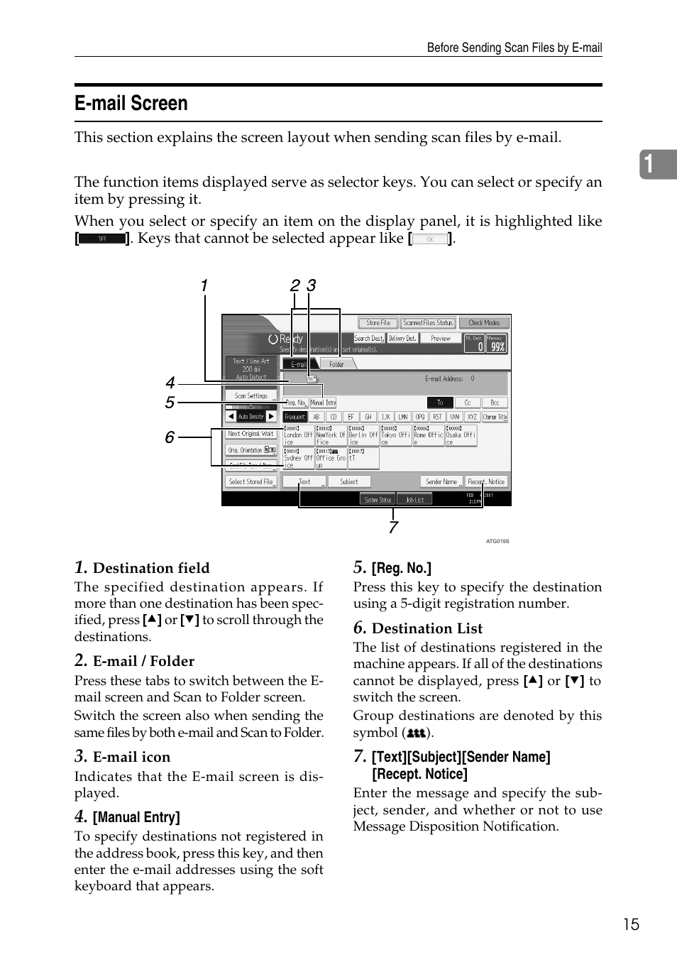 E-mail screen, P.15 “e-mail screen | Ricoh Type W3600 User Manual | Page 23 / 166