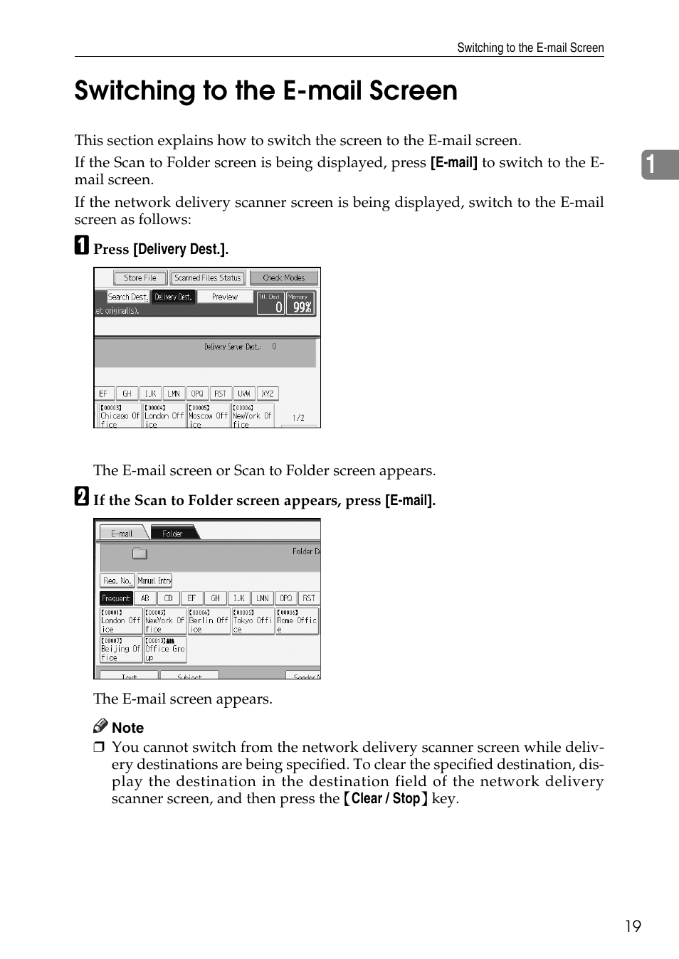 Switching to the e-mail screen, P.19 “switching to the e-mail screen, 1switching to the e-mail screen | Ricoh Type W3600 User Manual | Page 27 / 166
