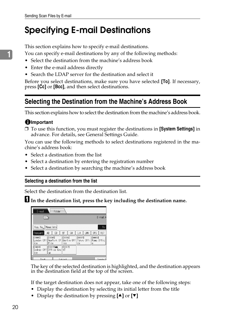 Specifying e-mail destinations, Selecting a destination from the list, P.20 “specifying e-mail destinations | 1specifying e-mail destinations | Ricoh Type W3600 User Manual | Page 28 / 166