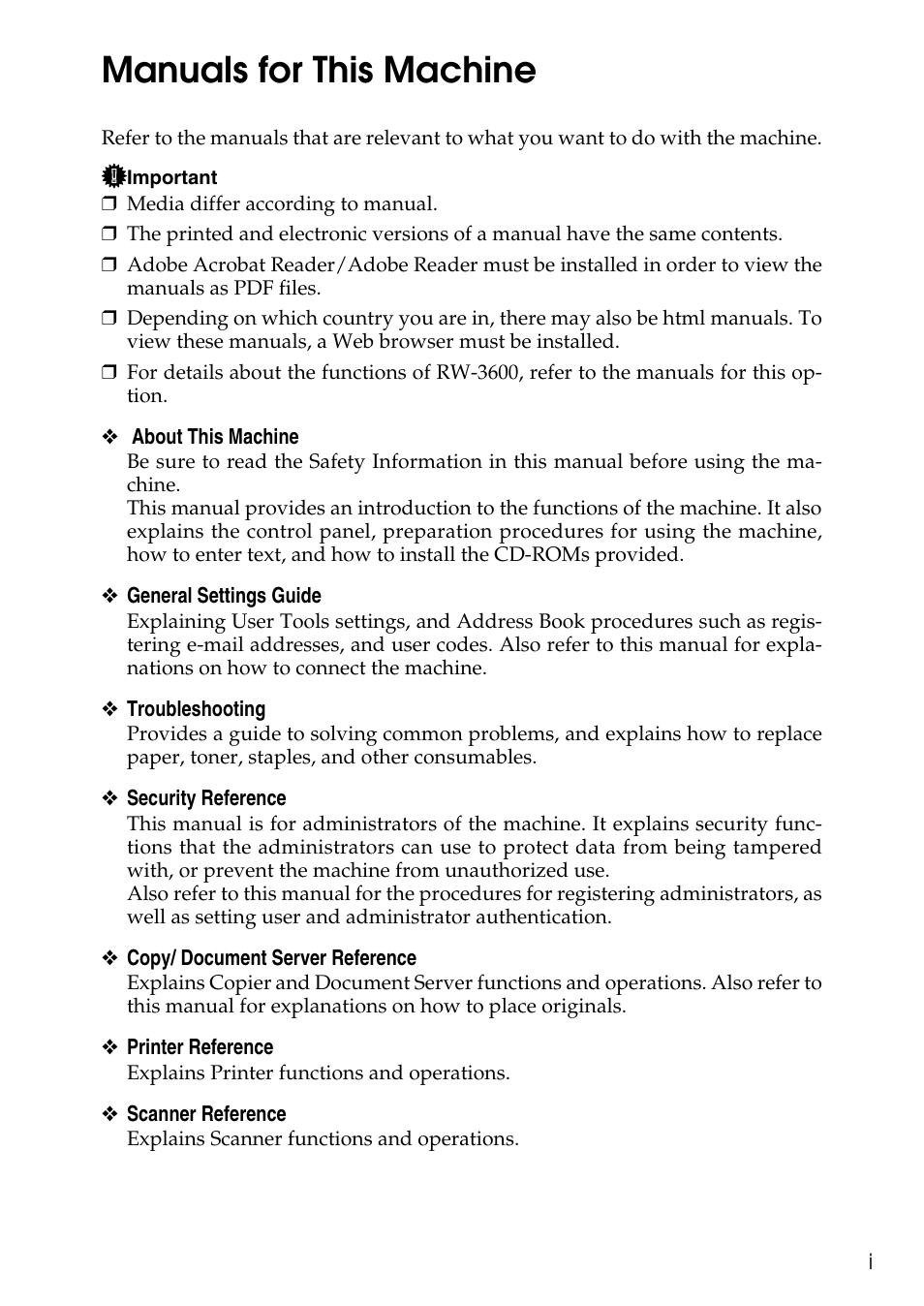 Manuals for this machine | Ricoh Type W3600 User Manual | Page 3 / 166