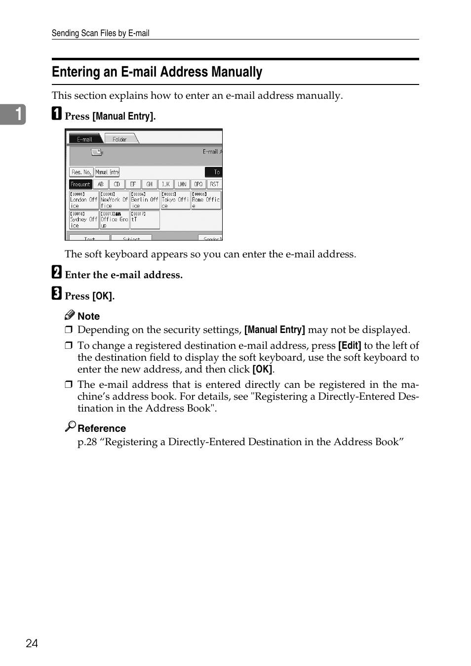 Entering an e-mail address manually | Ricoh Type W3600 User Manual | Page 32 / 166