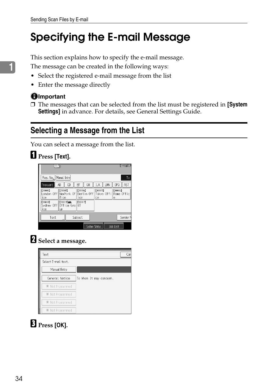 Specifying the e-mail message, Selecting a message from the list, P.34 “specifying the e-mail message | 1specifying the e-mail message | Ricoh Type W3600 User Manual | Page 42 / 166