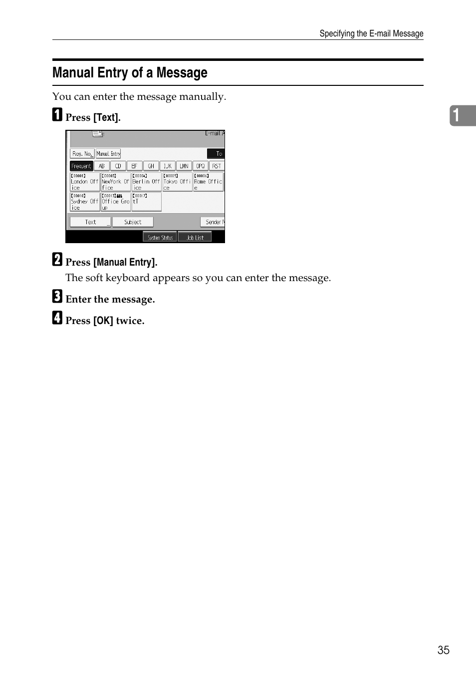 Manual entry of a message | Ricoh Type W3600 User Manual | Page 43 / 166