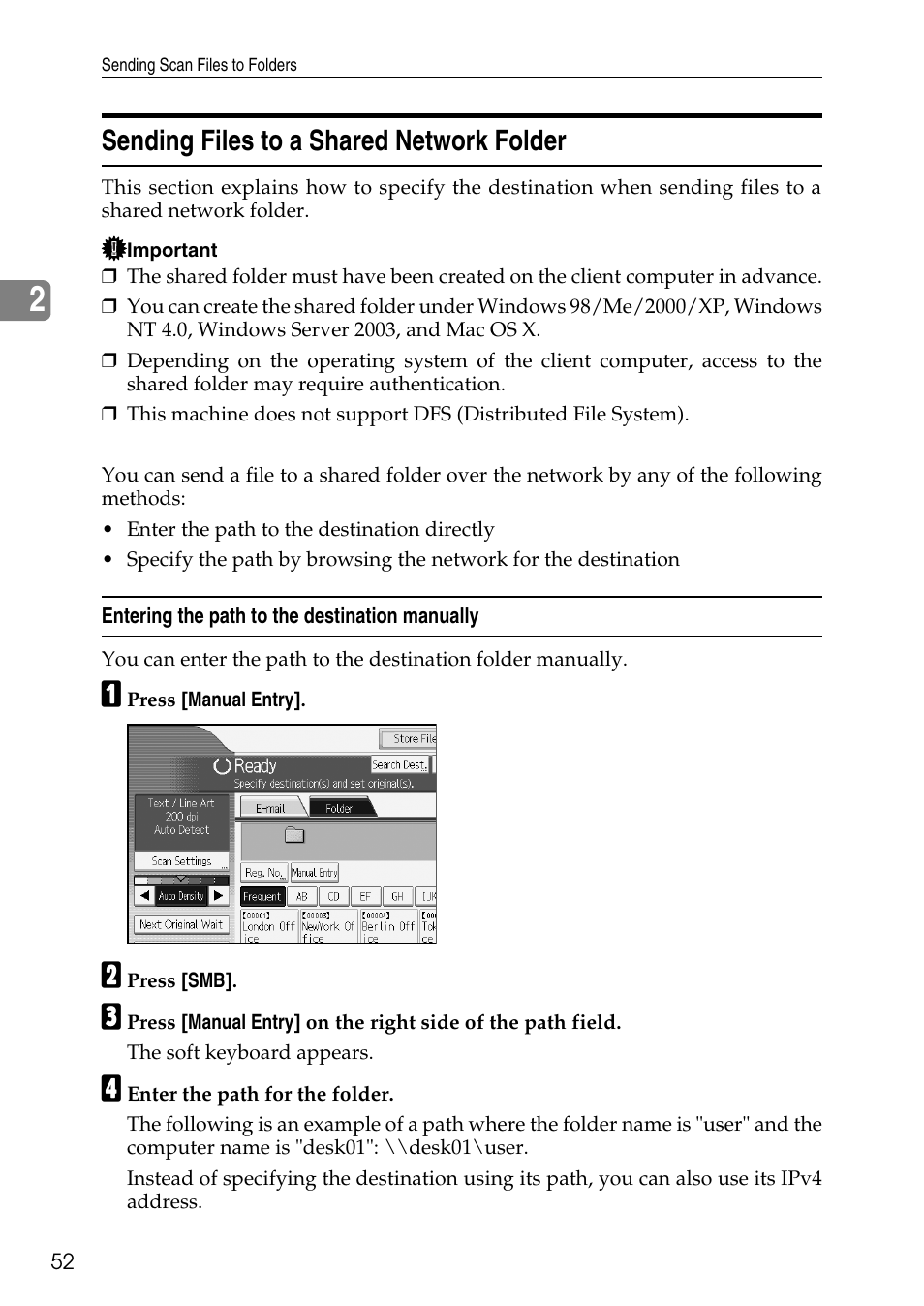 Sending files to a shared network folder, Entering the path to the destination manually | Ricoh Type W3600 User Manual | Page 60 / 166