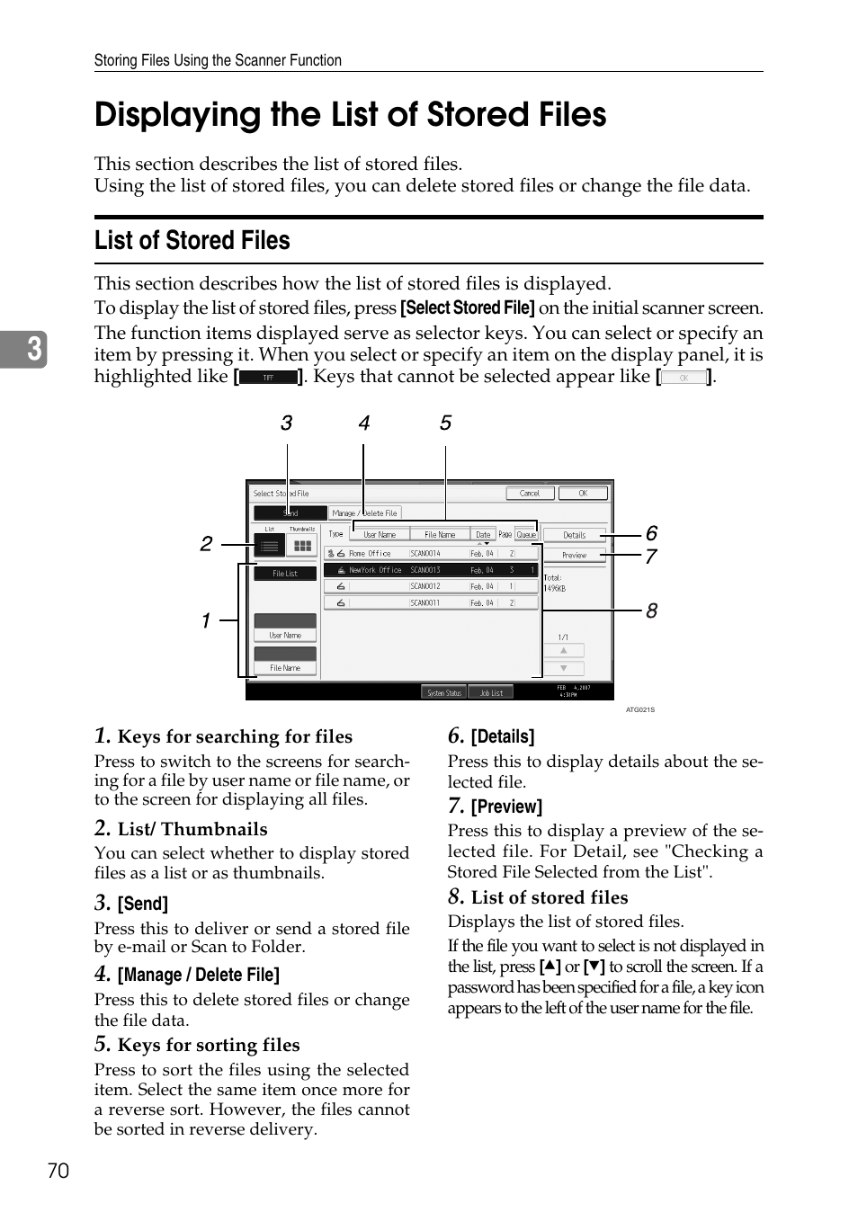 Displaying the list of stored files, List of stored files, P.70 “list of stored files | 3displaying the list of stored files | Ricoh Type W3600 User Manual | Page 78 / 166