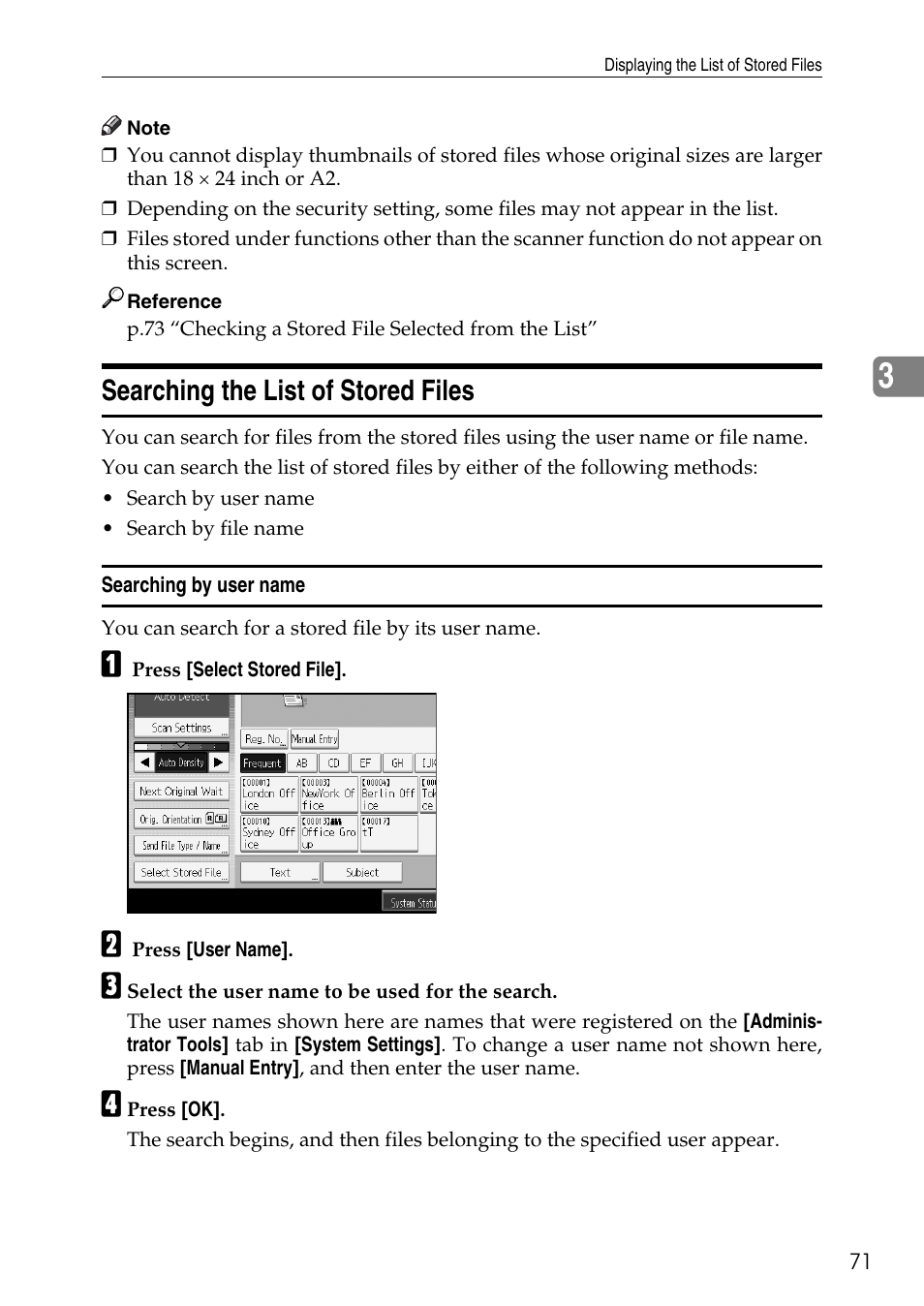 Searching the list of stored files, Searching by user name | Ricoh Type W3600 User Manual | Page 79 / 166