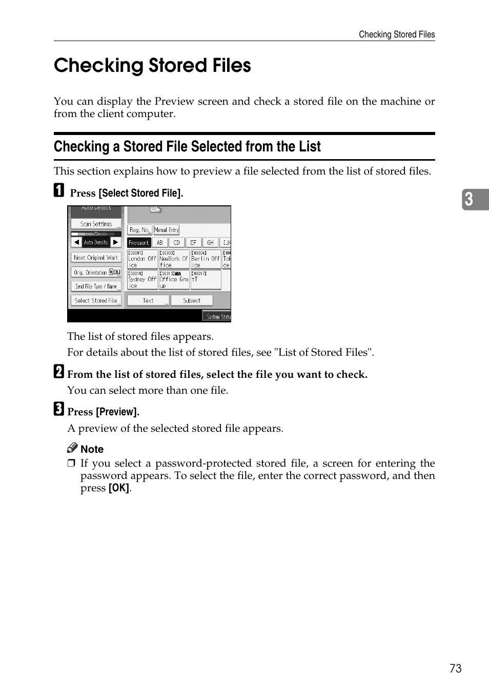 Checking stored files, Checking a stored file selected from the list, 3checking stored files | Ricoh Type W3600 User Manual | Page 81 / 166