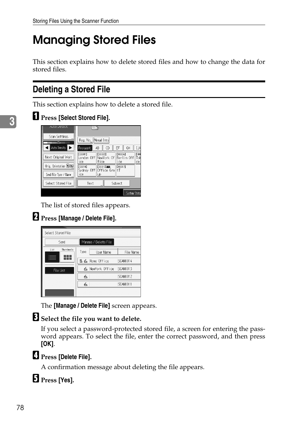 Managing stored files, Deleting a stored file, 3managing stored files | Ricoh Type W3600 User Manual | Page 86 / 166