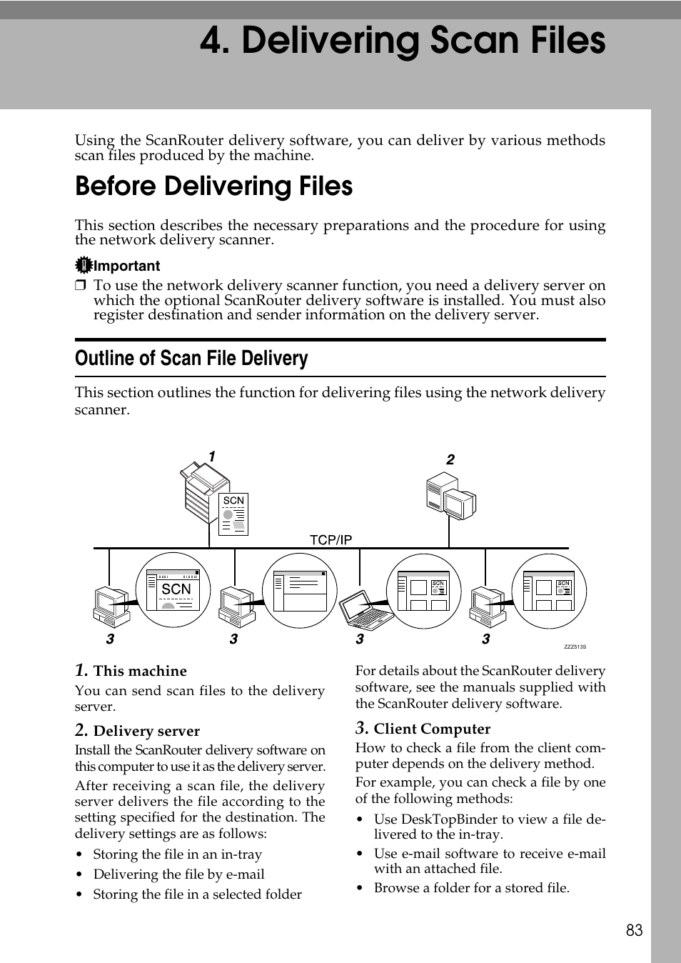  delivering scan files, Before delivering files, Outline of scan file delivery | Delivering scan files, P.83 “delivering scan files | Ricoh Type W3600 User Manual | Page 91 / 166