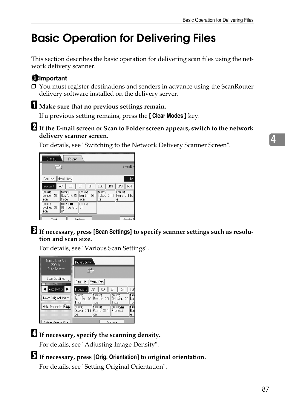 Basic operation for delivering files, P.87 “basic operation for delivering files, 4basic operation for delivering files | Ricoh Type W3600 User Manual | Page 95 / 166