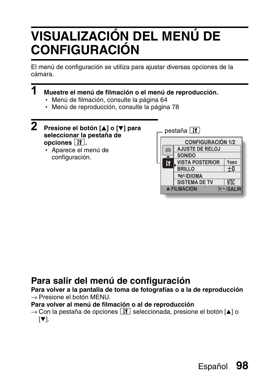 Opción, Visualización del menú de configuración, Para salir del menú de configuración | Español | Ricoh R50 User Manual | Page 100 / 159