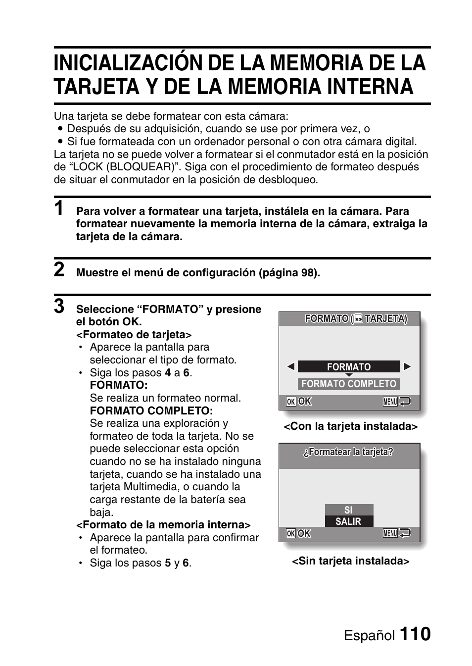 Inicialización de la memoria de la tarjeta y de la, Memoria interna, Inicialización de la memoria de la tarjeta y | Español | Ricoh R50 User Manual | Page 112 / 159