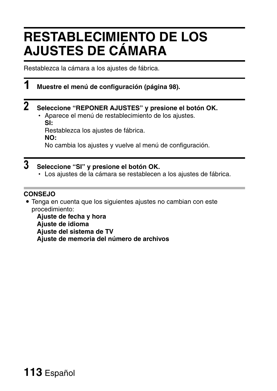 Restablecimiento de los ajustes de cámara | Ricoh R50 User Manual | Page 115 / 159