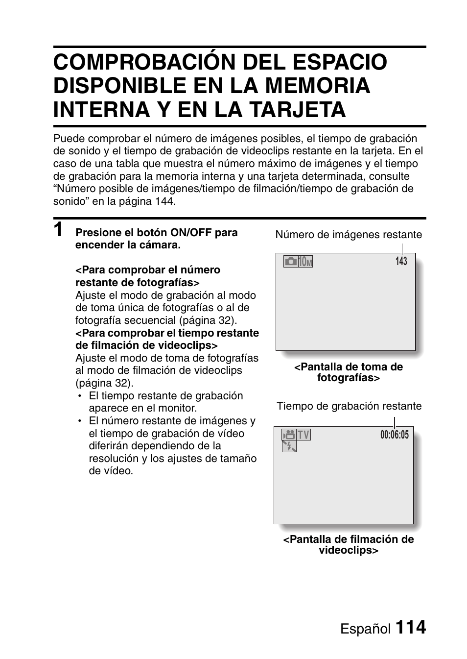 Comprobación del espacio disponible en la memoria, Interna y en la tarjeta | Ricoh R50 User Manual | Page 116 / 159
