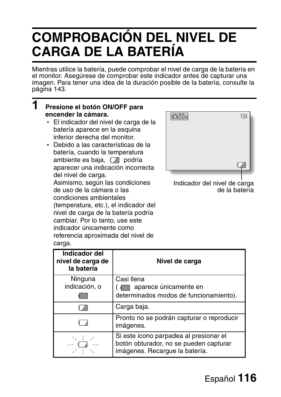 Comprobación del nivel de carga de la batería, Español | Ricoh R50 User Manual | Page 118 / 159