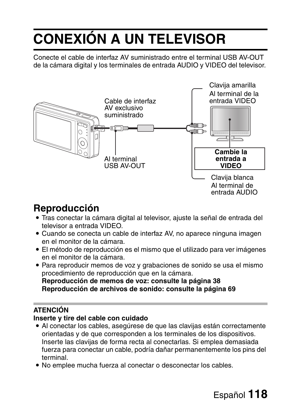 Otros dispositivos y conexiones, Conexión a un televisor, Reproducción | Español | Ricoh R50 User Manual | Page 120 / 159