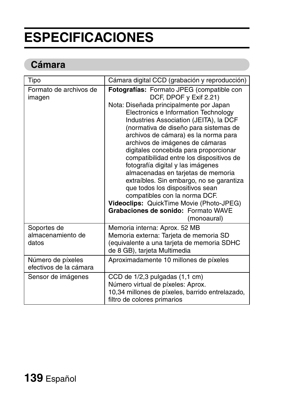 Especificaciones, Cámara, Español | Ricoh R50 User Manual | Page 141 / 159