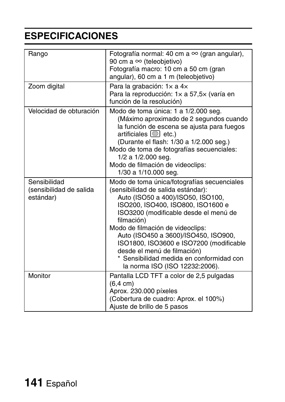 Especificaciones, Español | Ricoh R50 User Manual | Page 143 / 159