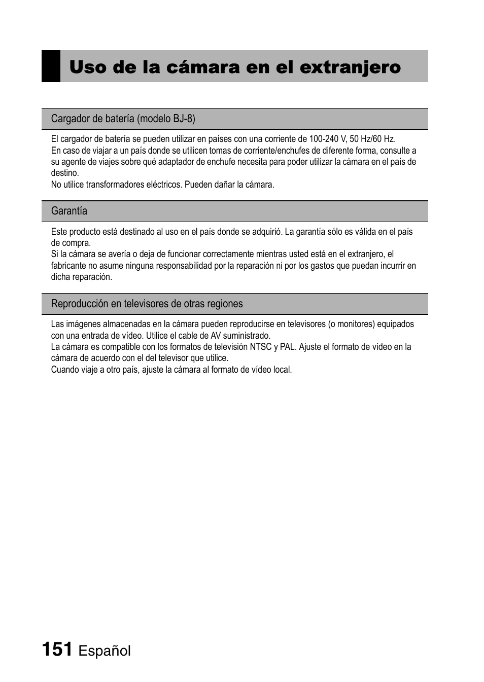 Uso de la cámara en el extranjero, Español | Ricoh R50 User Manual | Page 153 / 159