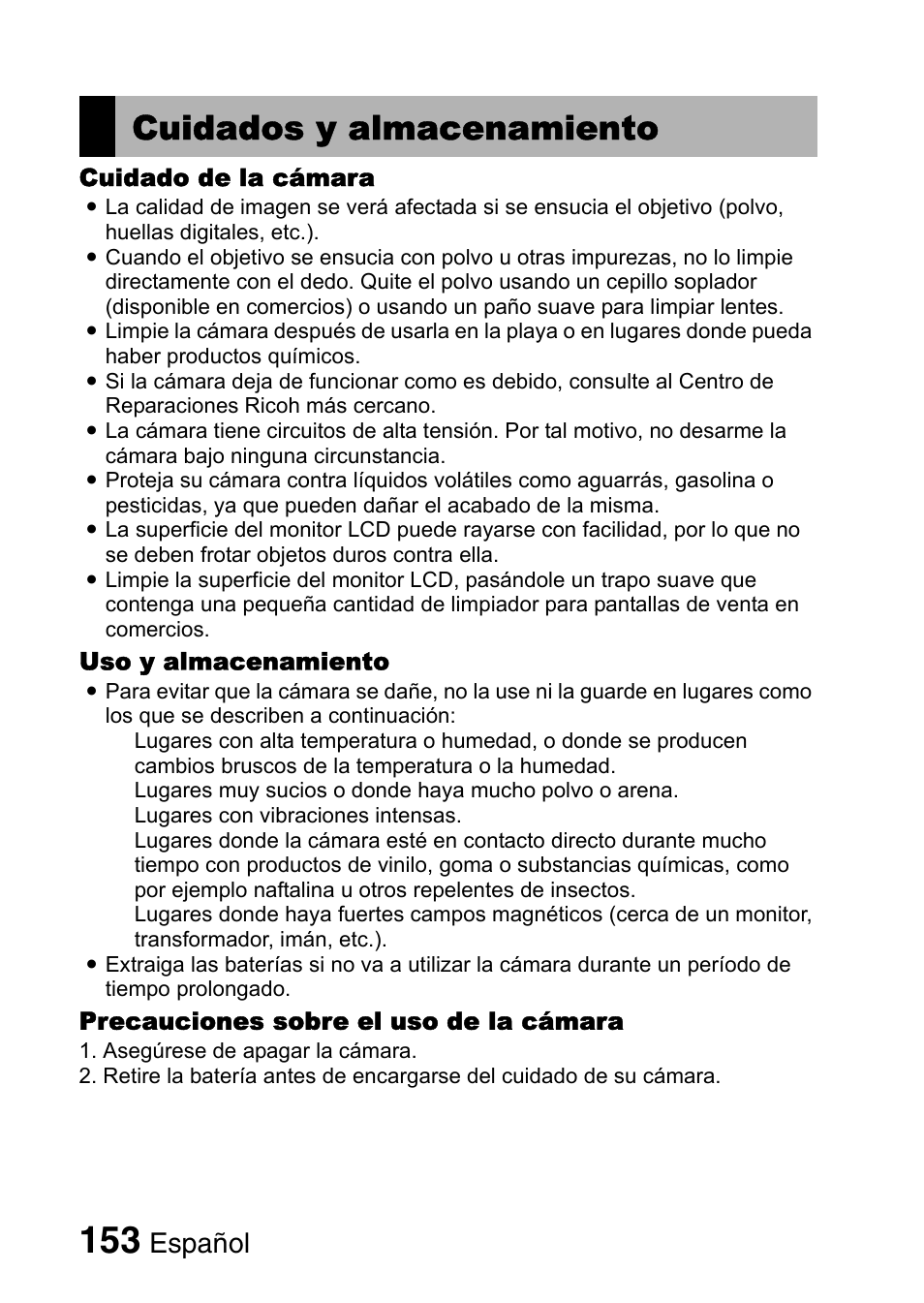 Cuidados y almacenamiento, Español | Ricoh R50 User Manual | Page 155 / 159