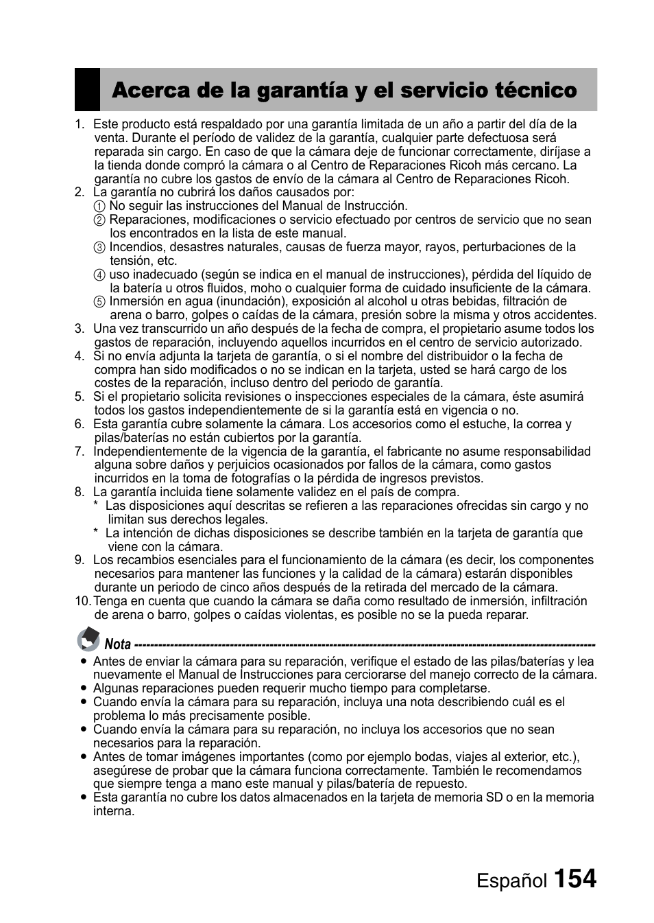 Acerca de la garantía y el servicio técnico, Español | Ricoh R50 User Manual | Page 156 / 159