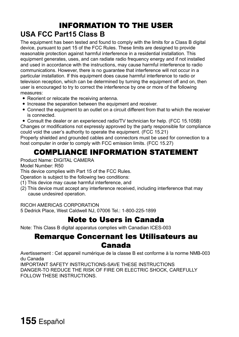 Compliance information statement, Remarque concernant les utilisateurs au canada | Ricoh R50 User Manual | Page 157 / 159