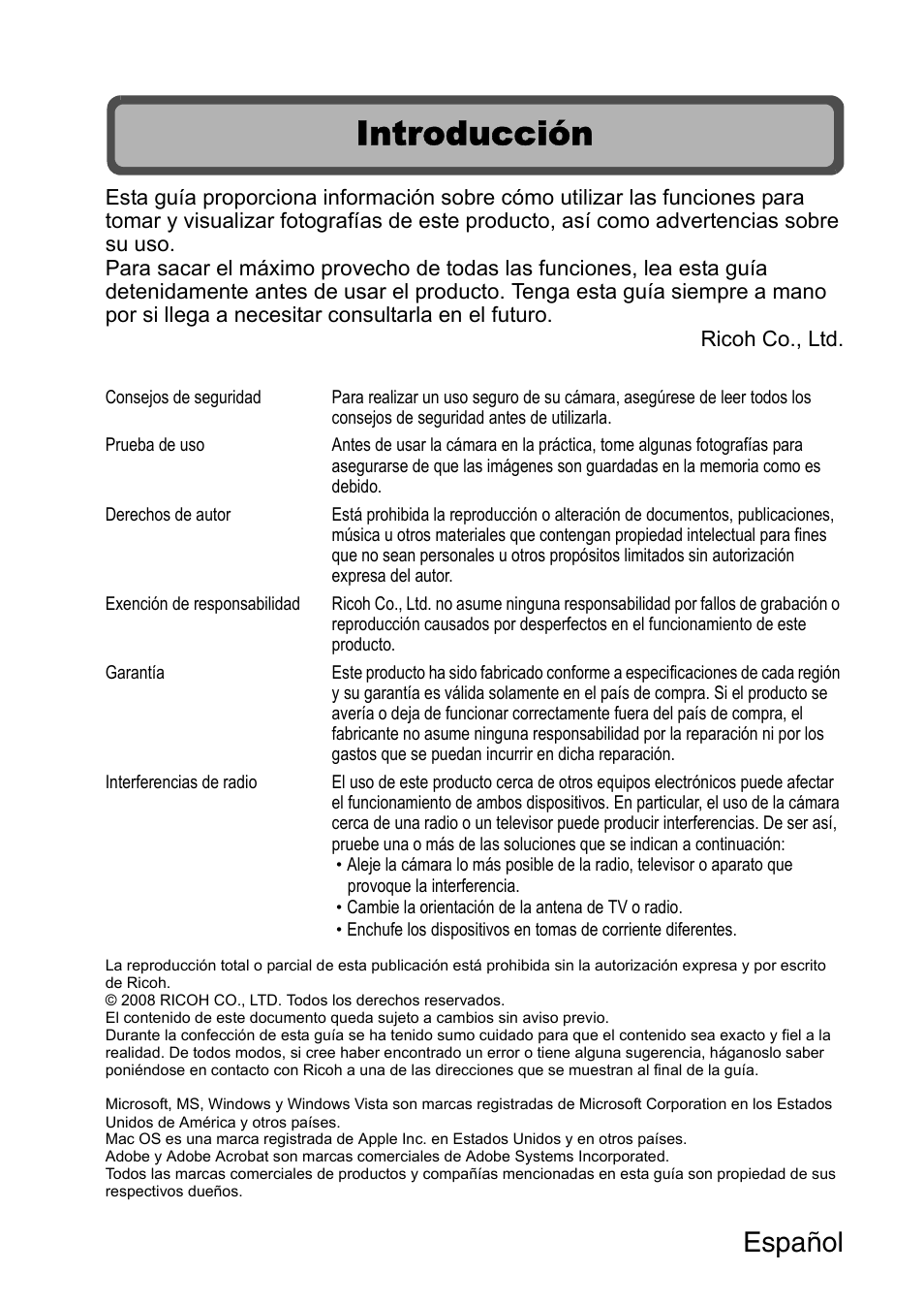 Introducción, Español | Ricoh R50 User Manual | Page 2 / 159
