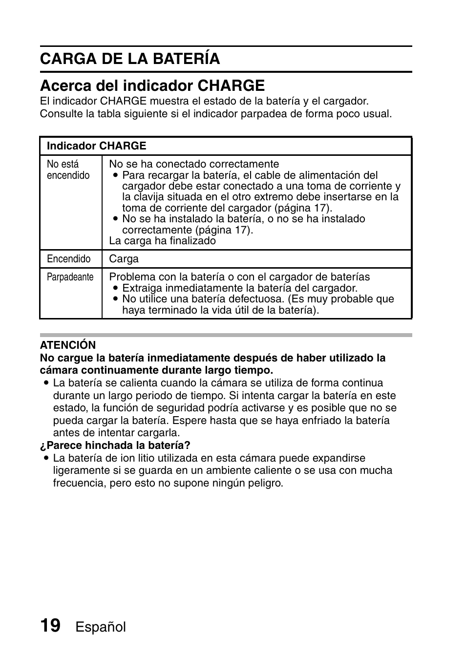 Carga de la batería acerca del indicador charge, Español | Ricoh R50 User Manual | Page 21 / 159