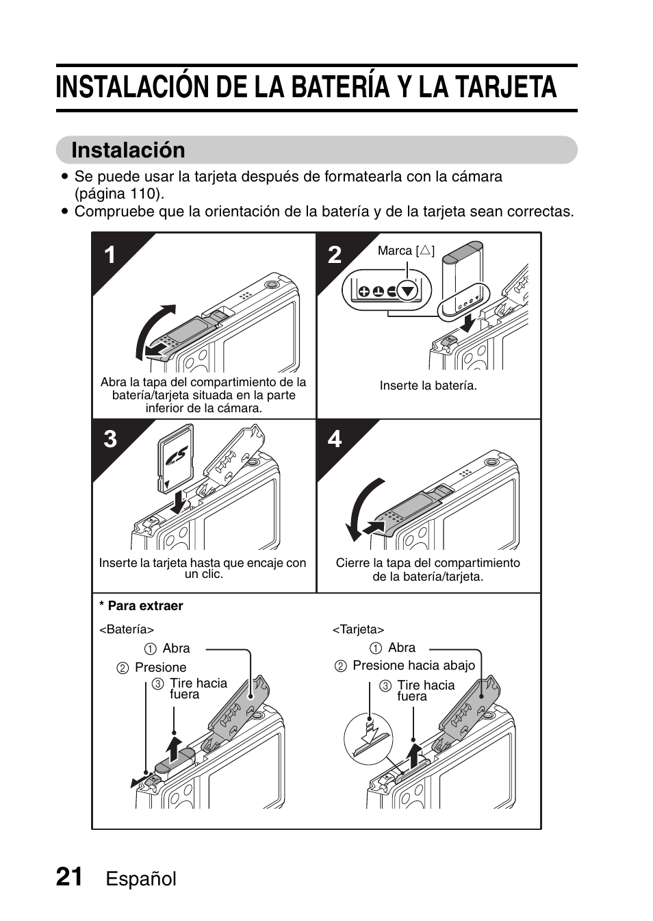 Instalación de la batería y la tarjeta, Instalación, Español | Ricoh R50 User Manual | Page 23 / 159
