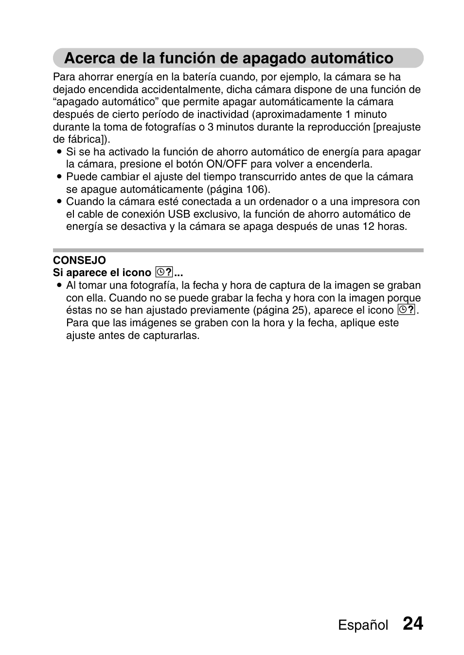 Acerca de la función de apagado automático, Español | Ricoh R50 User Manual | Page 26 / 159