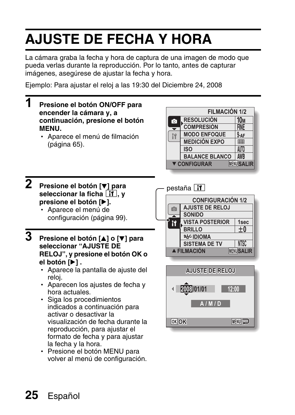 Ajuste de fecha y hora, Ajuste de fecha y, Español | Ricoh R50 User Manual | Page 27 / 159