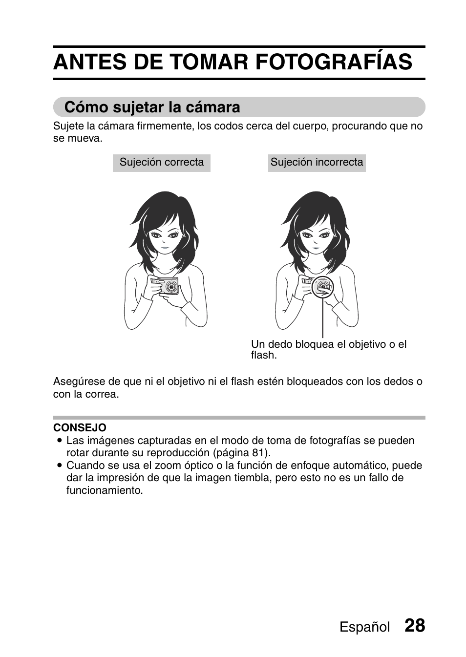 Funcionamiento básico, Antes de tomar fotografías, Cómo sujetar la cámara | Español | Ricoh R50 User Manual | Page 30 / 159