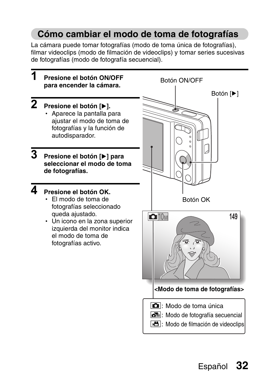 Cómo cambiar el modo de toma de fotografías | Ricoh R50 User Manual | Page 34 / 159