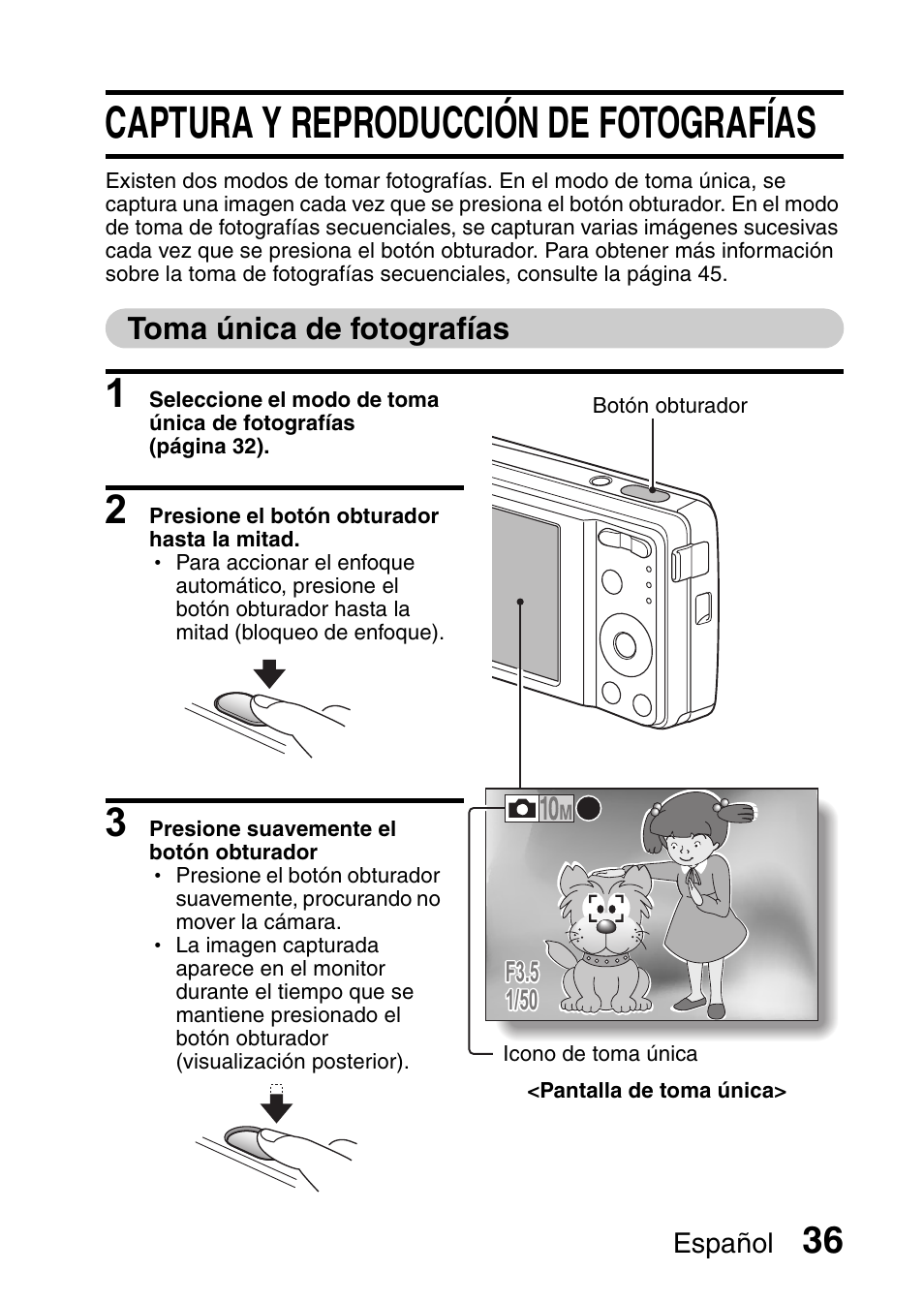 Captura y reproducción de fotografías, Toma única de | Ricoh R50 User Manual | Page 38 / 159