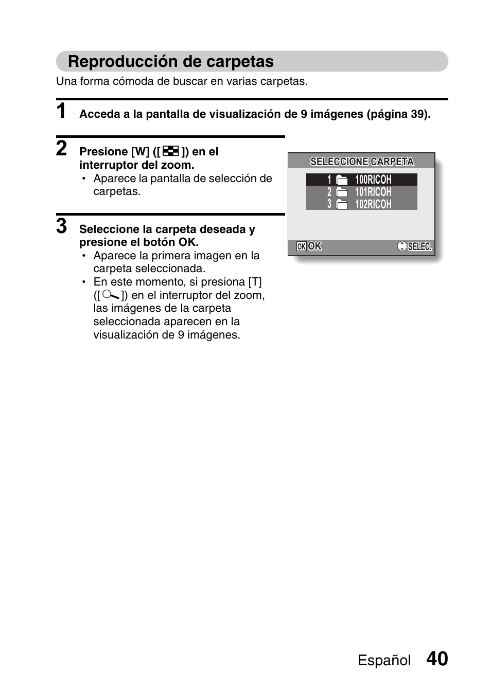 Reproducción de, Reproducción de carpetas, Español | Ricoh R50 User Manual | Page 42 / 159