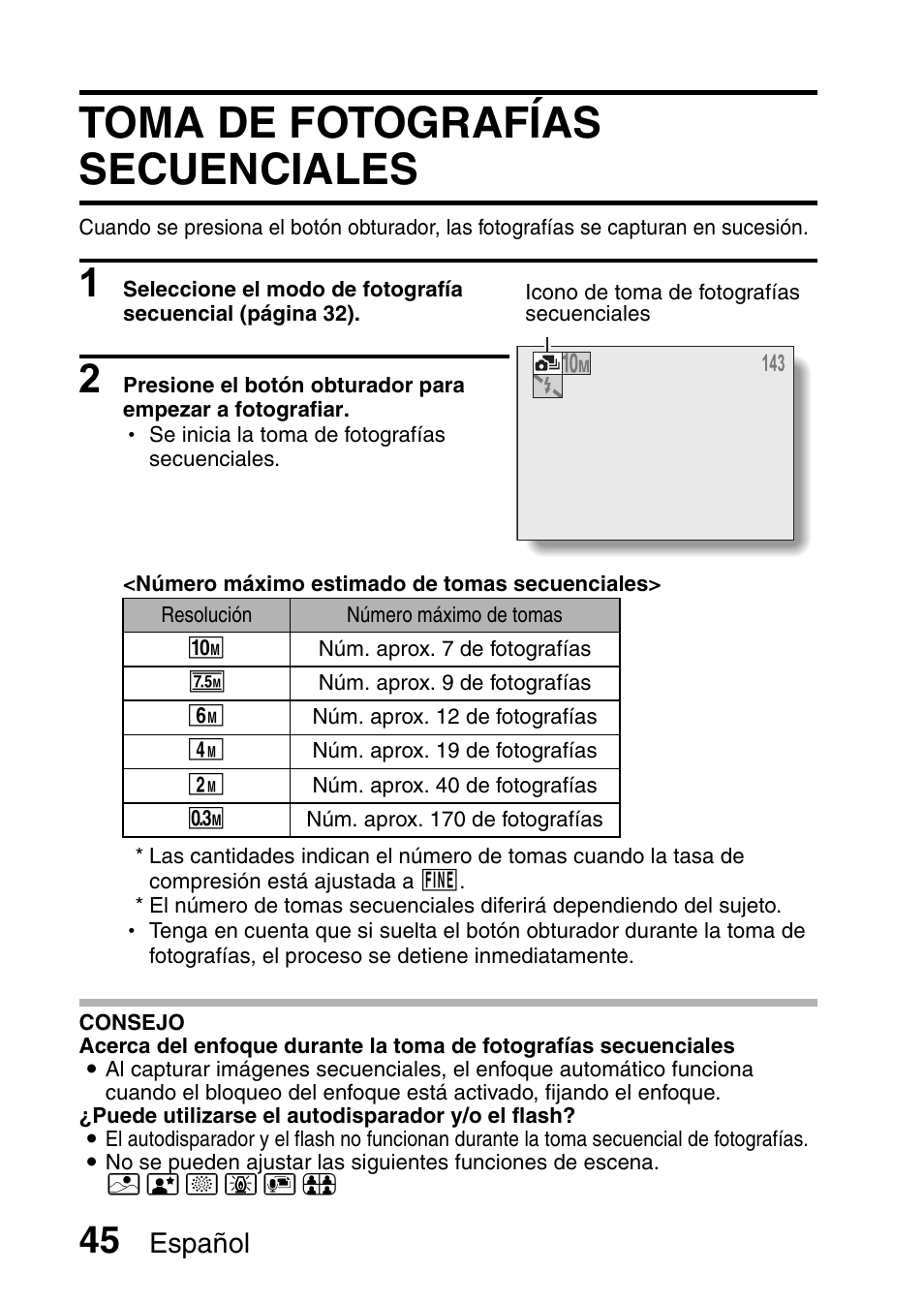 Toma de fotografías secuenciales, Toma de, Español | Ricoh R50 User Manual | Page 47 / 159
