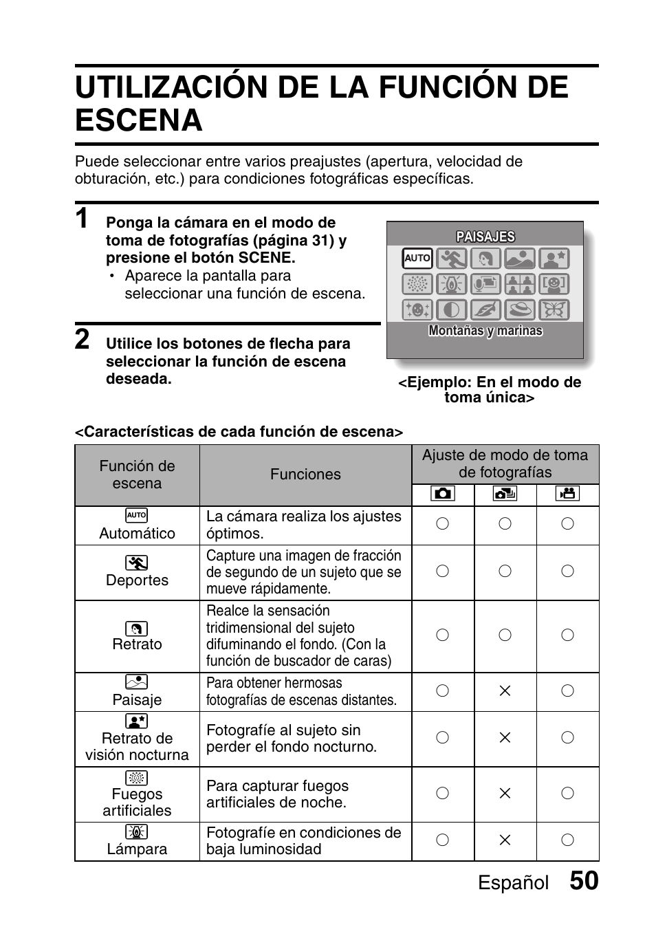 Utilización de la función de escena, Utilización de la función de escena” (modo, Utilización de la | Función de escena, Español | Ricoh R50 User Manual | Page 52 / 159